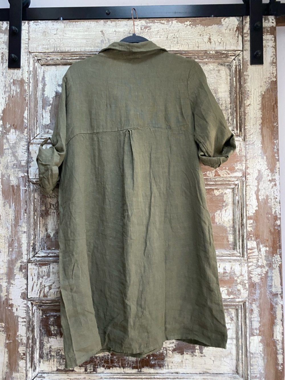 Elena Baldi Linen Relaxed Olive Shirt Dress with Roll-Tab Sleeves, Size M - Picture 4 of 9